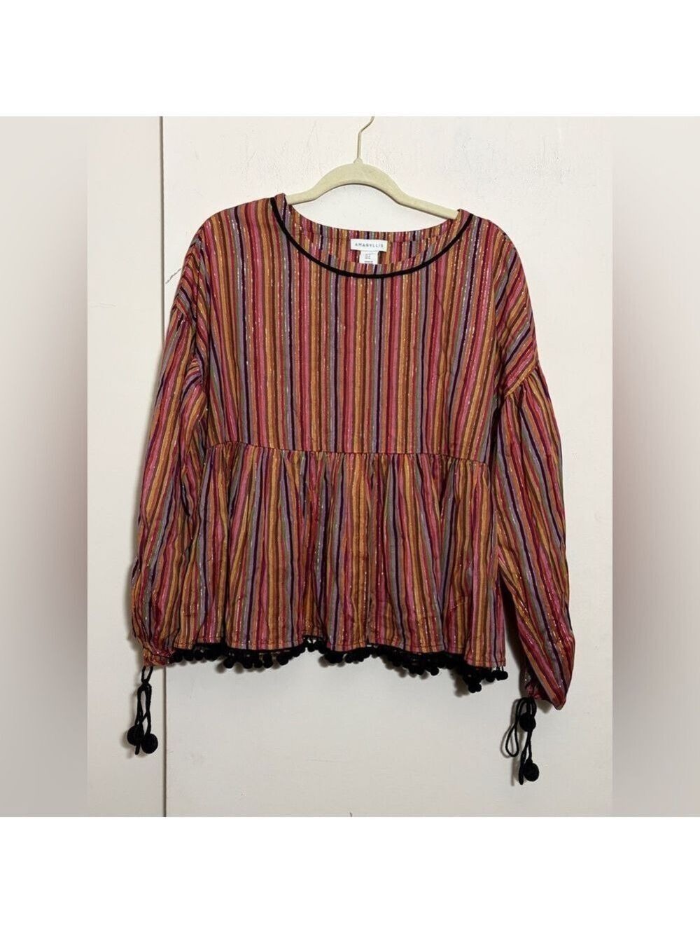 Amaryllis Womens Striped Tassle Pom Pom Boho Colorful CottonTop Size M NWOT